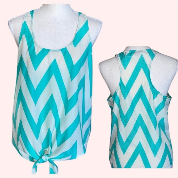 TIMING Mint Turquoise & Ivory Cream Zigzag Chevron Racerback Tie Waist Tank Sz L - Picture 1 of 10